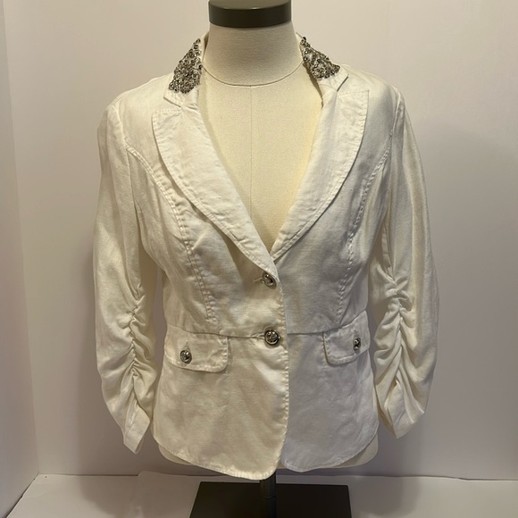 INC  White Linen  Jacket with Bejeweled Collar Women’s Small - Picture 1 of 8